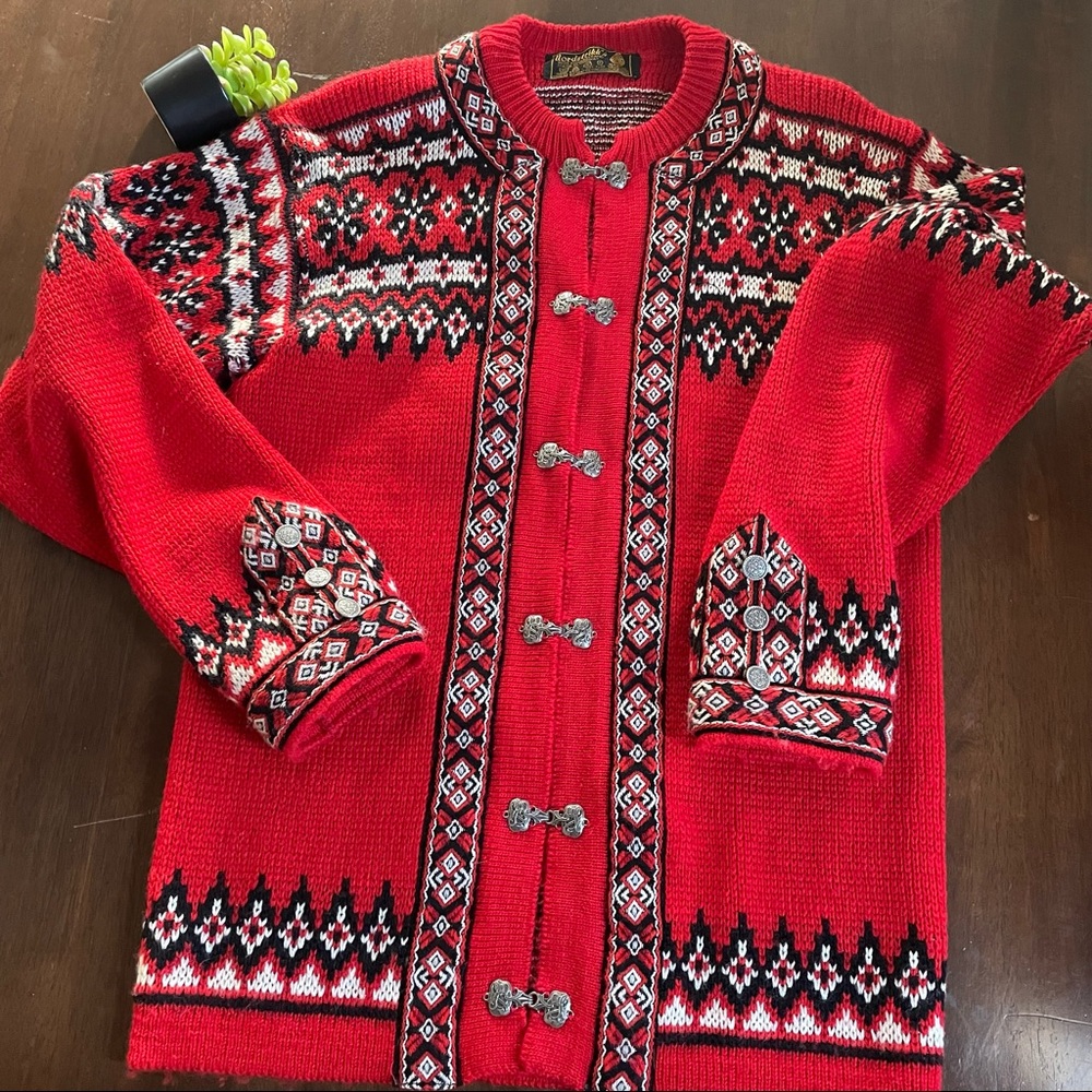 Nordstrikk Red Fair Isle Nordic Cardigan Sweater Pewter Clasps Embroidery